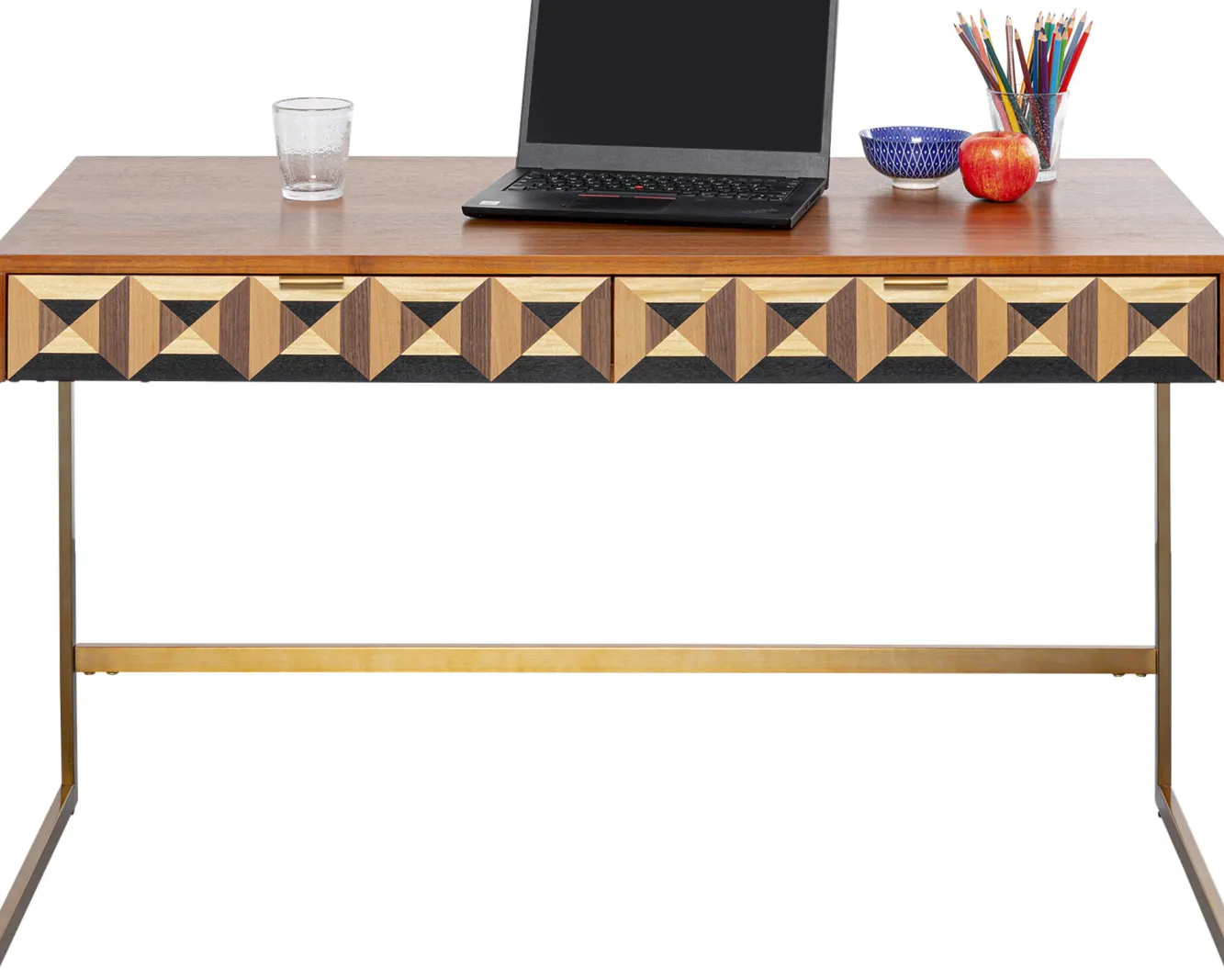 Hot KARE Design Biurko z 2 szufladami fornir orzechowy nogi złote stalowe 120x59 cm front efekt 3D - KARE