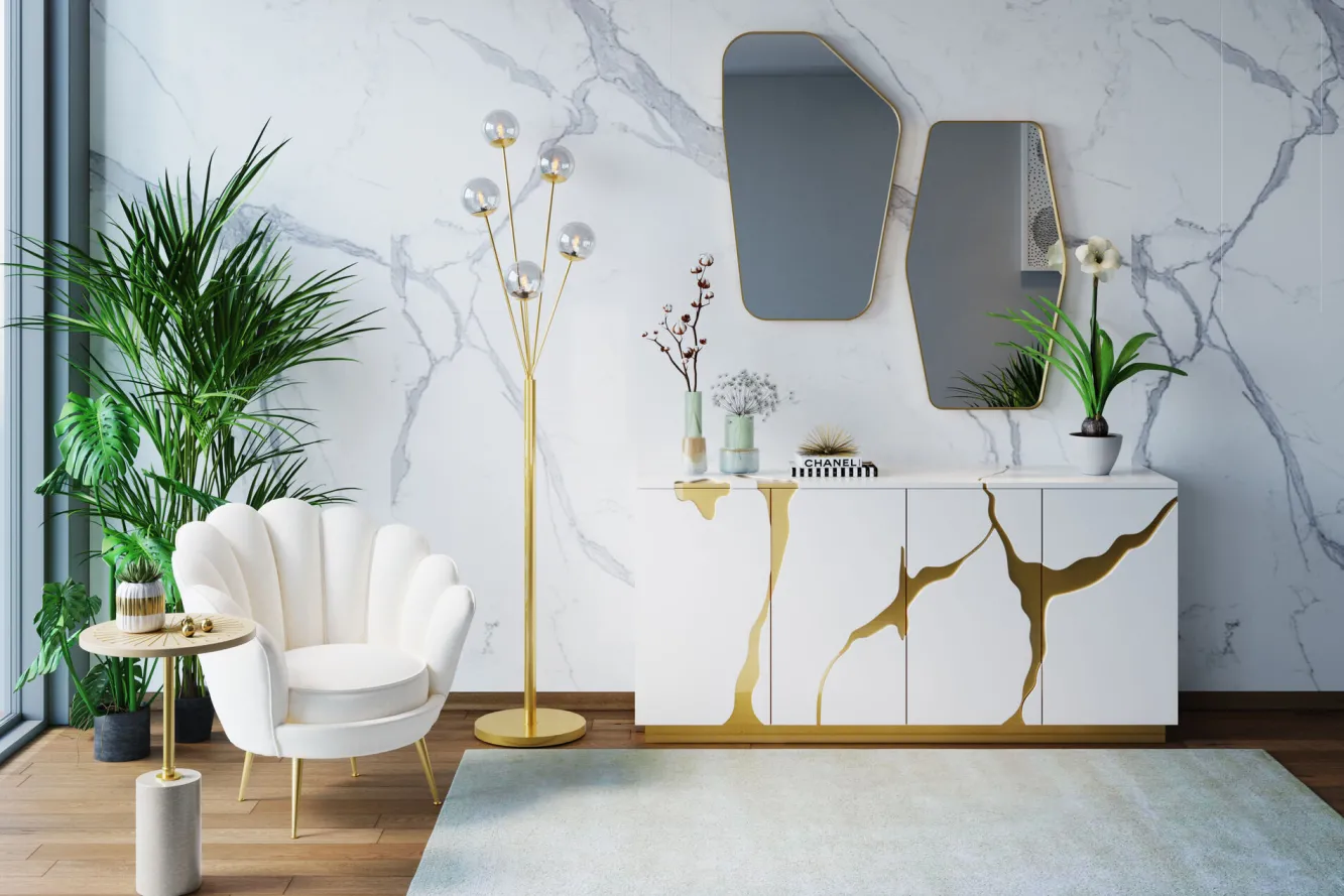 Outlet KARE Design Fotel welurowy nowoczesny beżowy muszelka nogi złote 83x77 cm - KARE