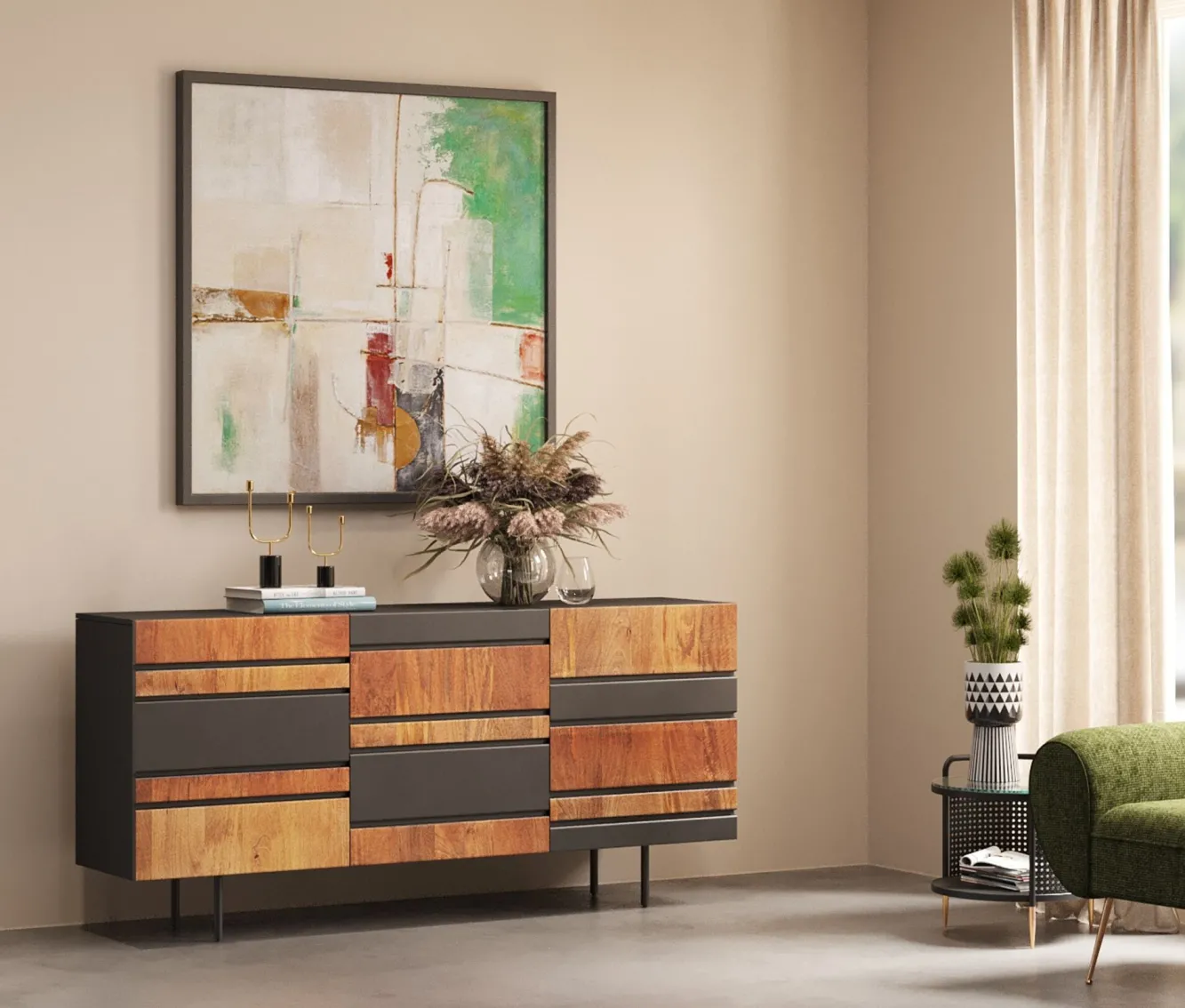 Clearance KARE Design Komoda do salonu 3-drzwiowa czarno-naturalna drewno i fornir 160x75 cm - KARE