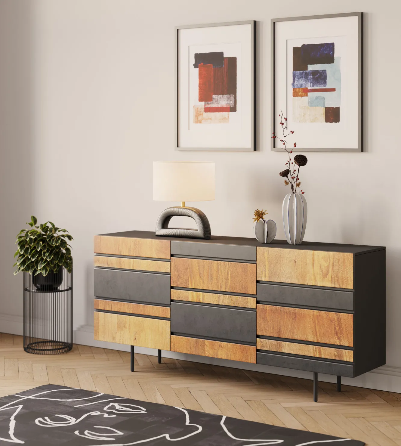 Clearance KARE Design Komoda do salonu 3-drzwiowa czarno-naturalna drewno i fornir 160x75 cm - KARE