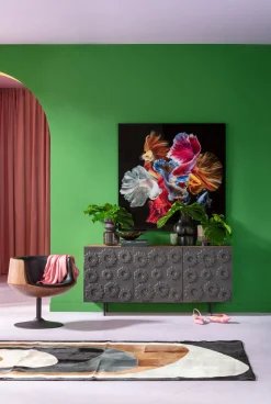 Fashion KARE Design Komoda 3-drzwiowa do salonu drewno mango front czarny motyw kwiatowy 160x75 cm - KARE