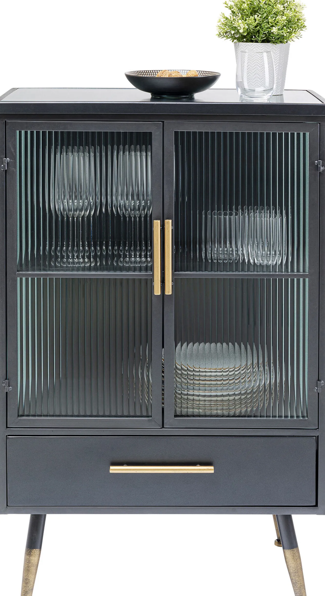 New KARE Design Komoda metalowa czarna grafitowa z przeszklonymi frontami złotymi uchwytami metalowymi nogami 65x38 cm - KARE