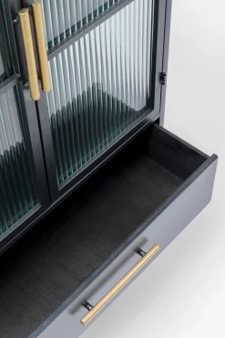 New KARE Design Komoda metalowa czarna grafitowa z przeszklonymi frontami złotymi uchwytami metalowymi nogami 65x38 cm - KARE