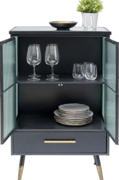New KARE Design Komoda metalowa czarna grafitowa z przeszklonymi frontami złotymi uchwytami metalowymi nogami 65x38 cm - KARE
