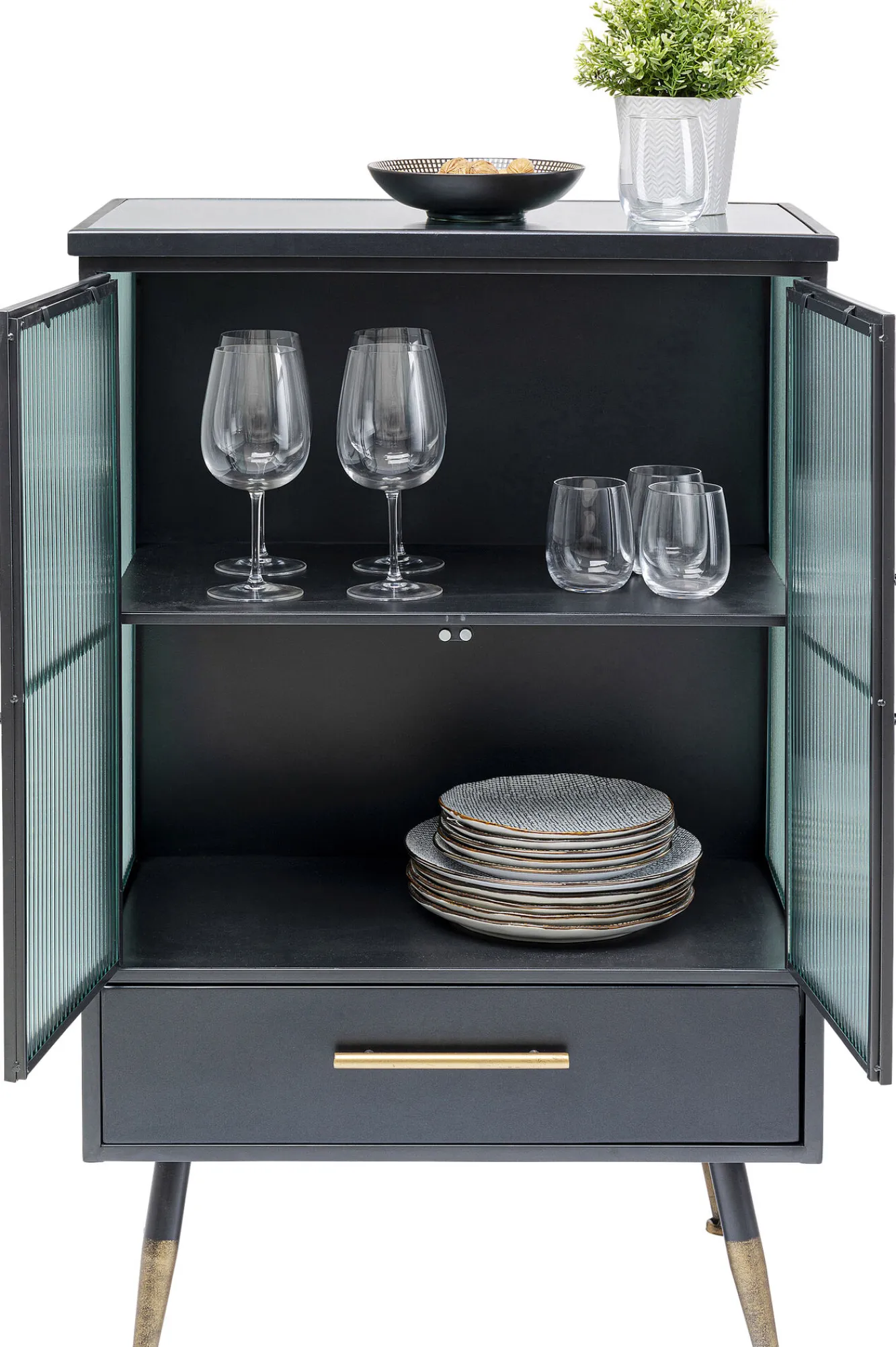 New KARE Design Komoda metalowa czarna grafitowa z przeszklonymi frontami złotymi uchwytami metalowymi nogami 65x38 cm - KARE