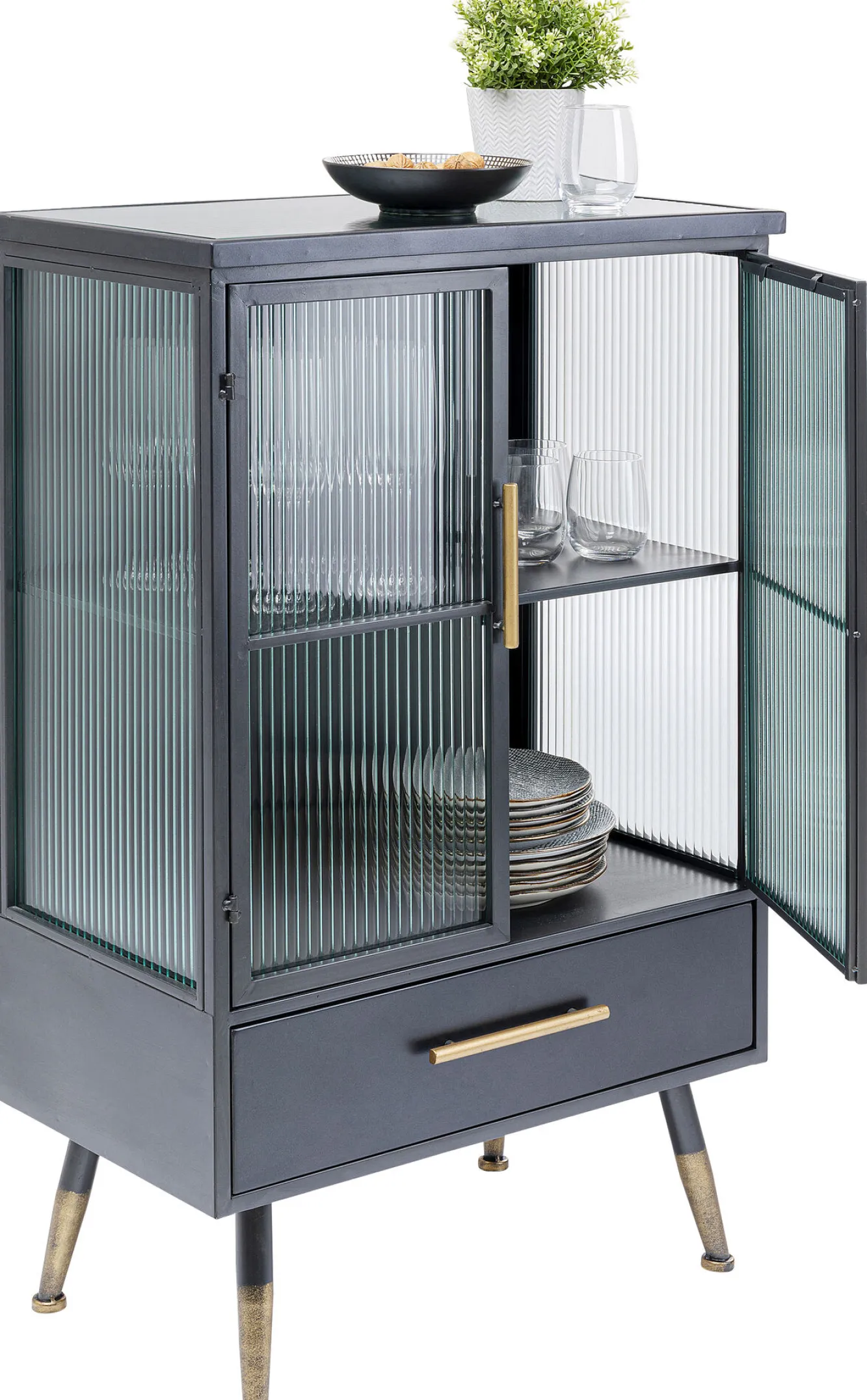 New KARE Design Komoda metalowa czarna grafitowa z przeszklonymi frontami złotymi uchwytami metalowymi nogami 65x38 cm - KARE