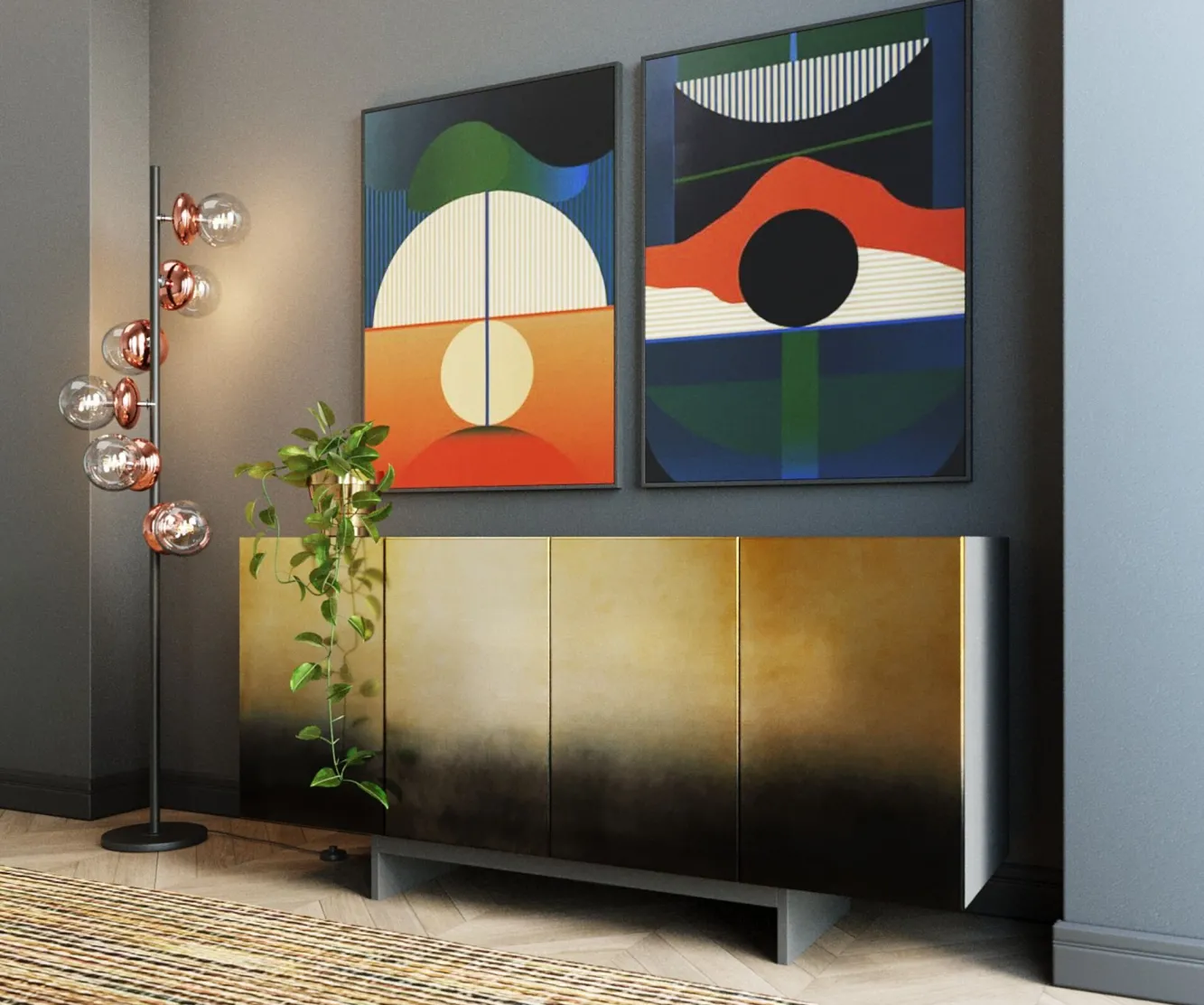 Best KARE Design Komoda nowoczesna 4-drzwiowa do salonu front czarno-złoty 160x78 cm - KARE