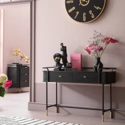 Outlet KARE Design Konsola z szufladami Fence 120x40 cm czarna - blat szklany - KARE