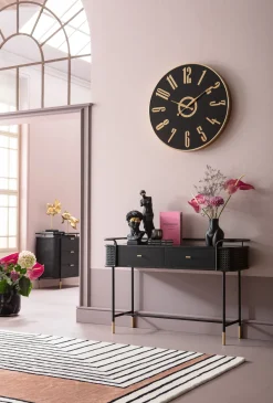 Outlet KARE Design Konsola z szufladami Fence 120x40 cm czarna - blat szklany - KARE