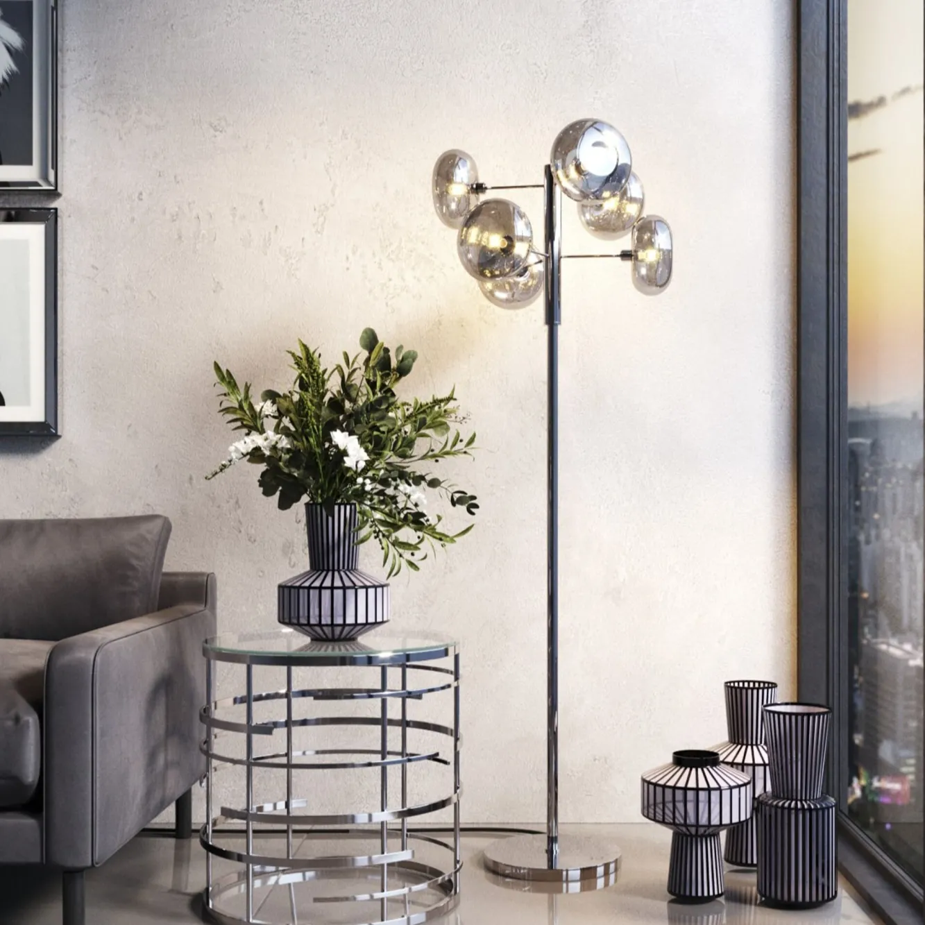 Best KARE Design Lampa podłogowa Headlight 43x163 cm srebrna - KARE