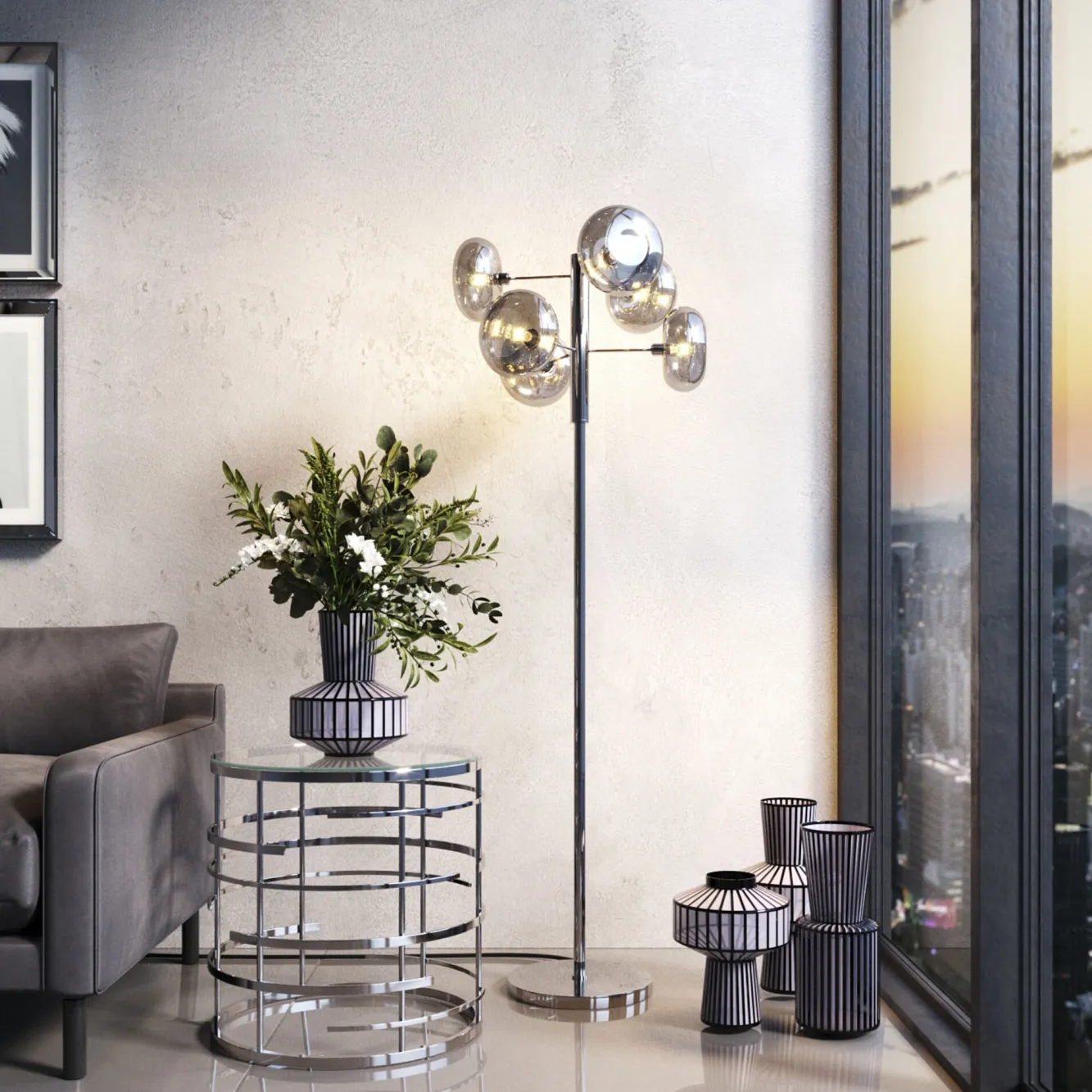 Best KARE Design Lampa podłogowa Headlight 43x163 cm srebrna - KARE