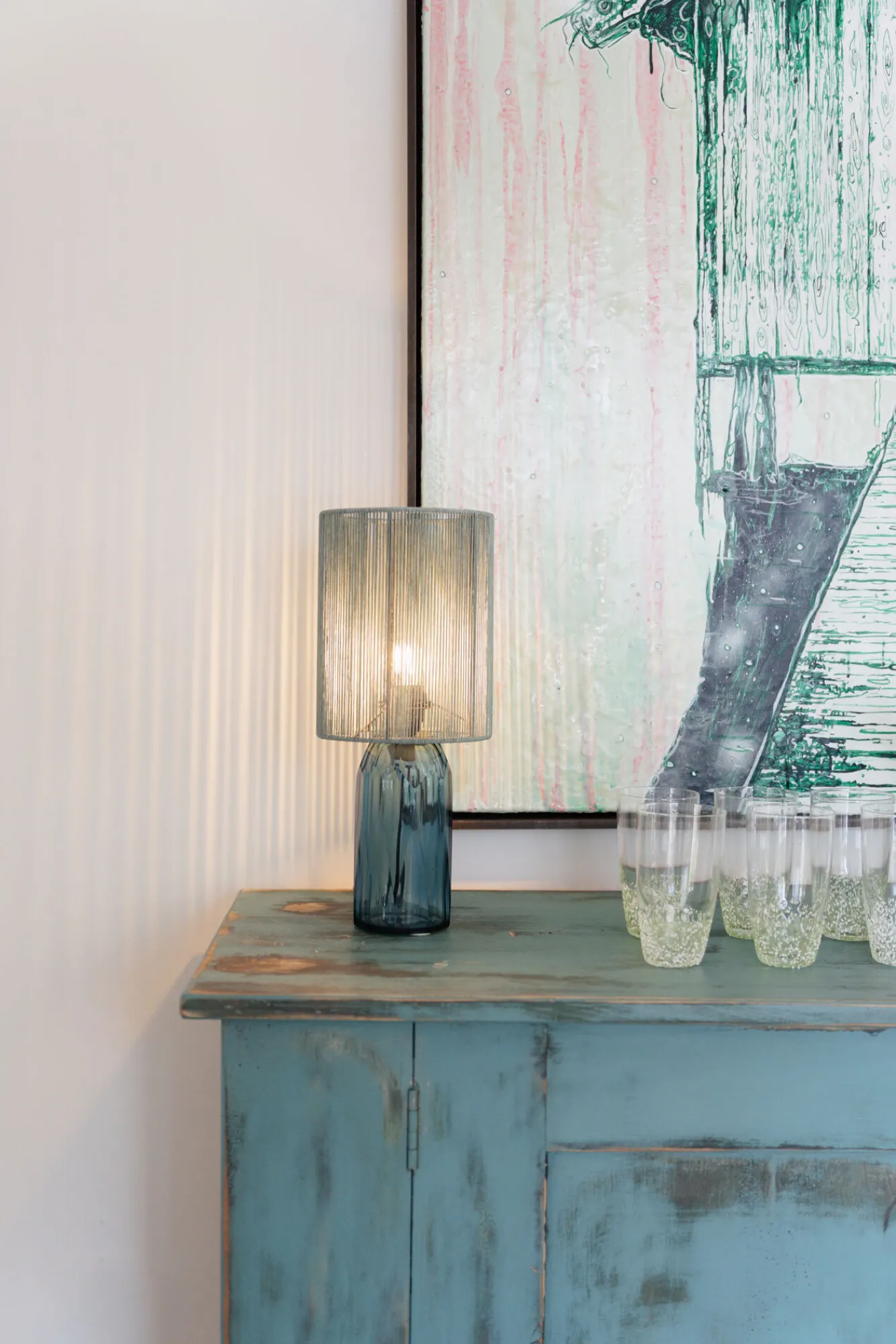 Discount KARE Design Lampa stołowa niebieska szkło i tkanina 42 cm - KARE