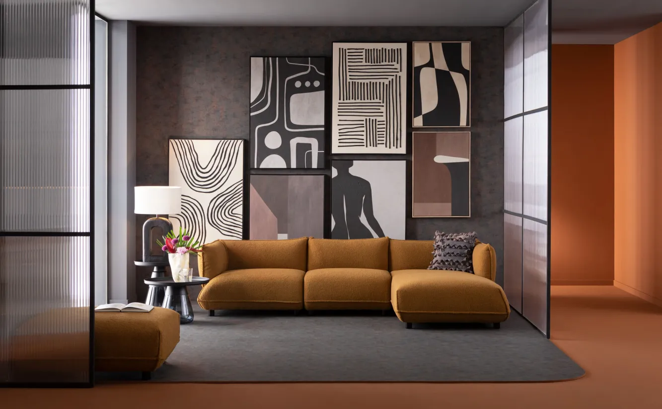 Best KARE Design Narożnik prawy w kolorze żółtym tkanina pluszowa 302x160 cm - KARE