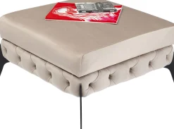 Outlet KARE Design Podnóżek welurowy pikowany beżowy nogi czarne stalowe 80x80 cm - KARE