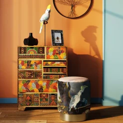 New KARE Design Pufa okrągła kolorowa papuga podstawa złota Ø32x38 cm - KARE