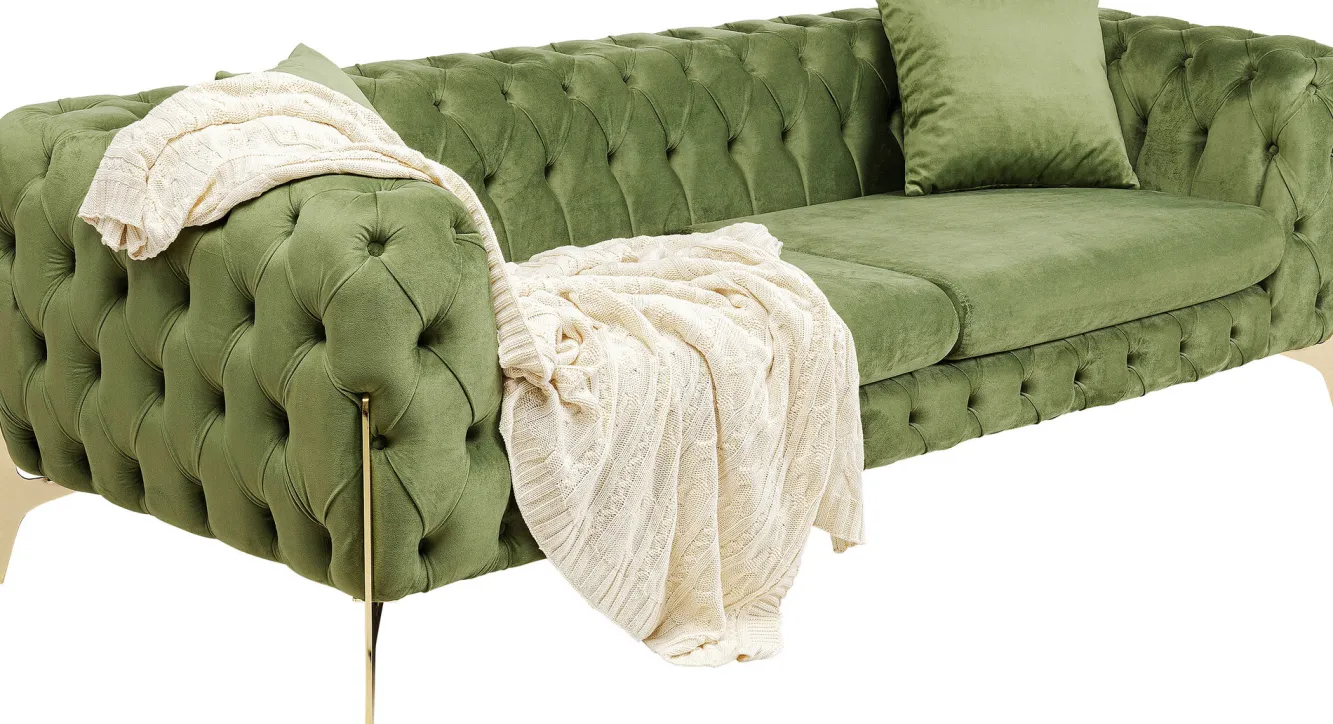 Outlet KARE Design Sofa 3-osobowa welurowa pikowana zielona glamour 240 cm nogi złote - KARE