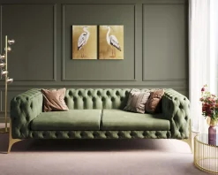 Outlet KARE Design Sofa 3-osobowa welurowa pikowana zielona glamour 240 cm nogi złote - KARE