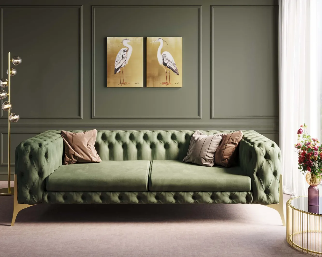 Outlet KARE Design Sofa 3-osobowa welurowa pikowana zielona glamour 240 cm nogi złote - KARE