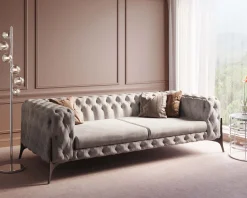 Clearance KARE Design Sofa 3-osobowa welurowa pikowana beżowa glamour 240 cm nogi czarne - KARE