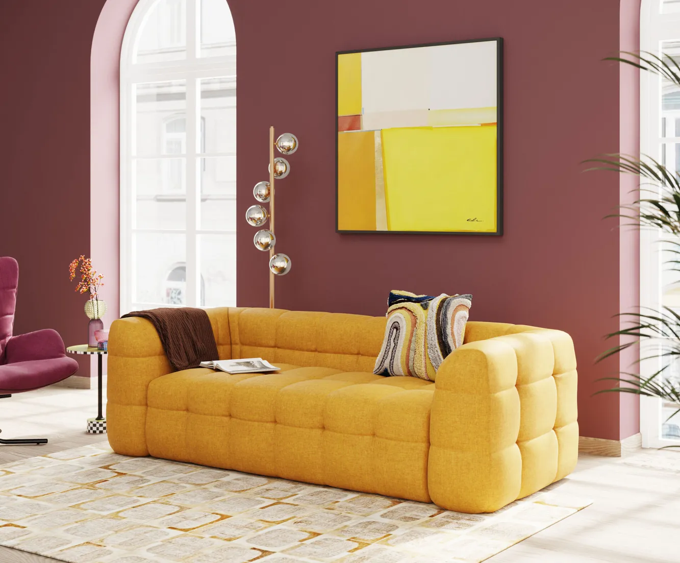 Discount KARE Design Sofa pikowana 3-osobowa żółta 240 cm - KARE