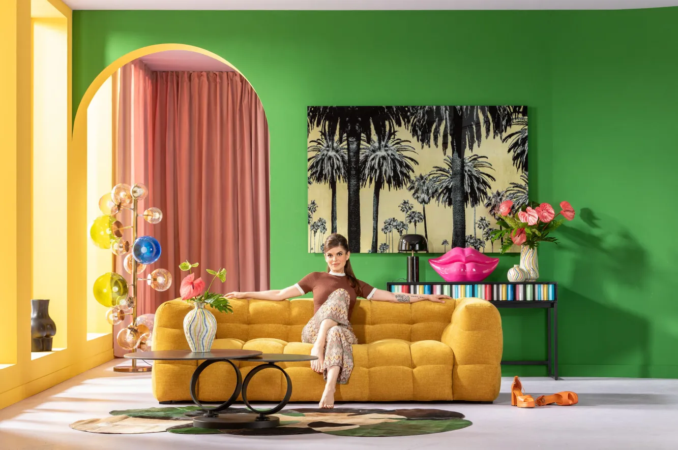 Discount KARE Design Sofa pikowana 3-osobowa żółta 240 cm - KARE