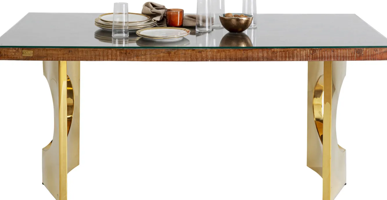 New KARE Design Stół do jadalni blat drewno i szkło nogi złote 180x90 cm - KARE