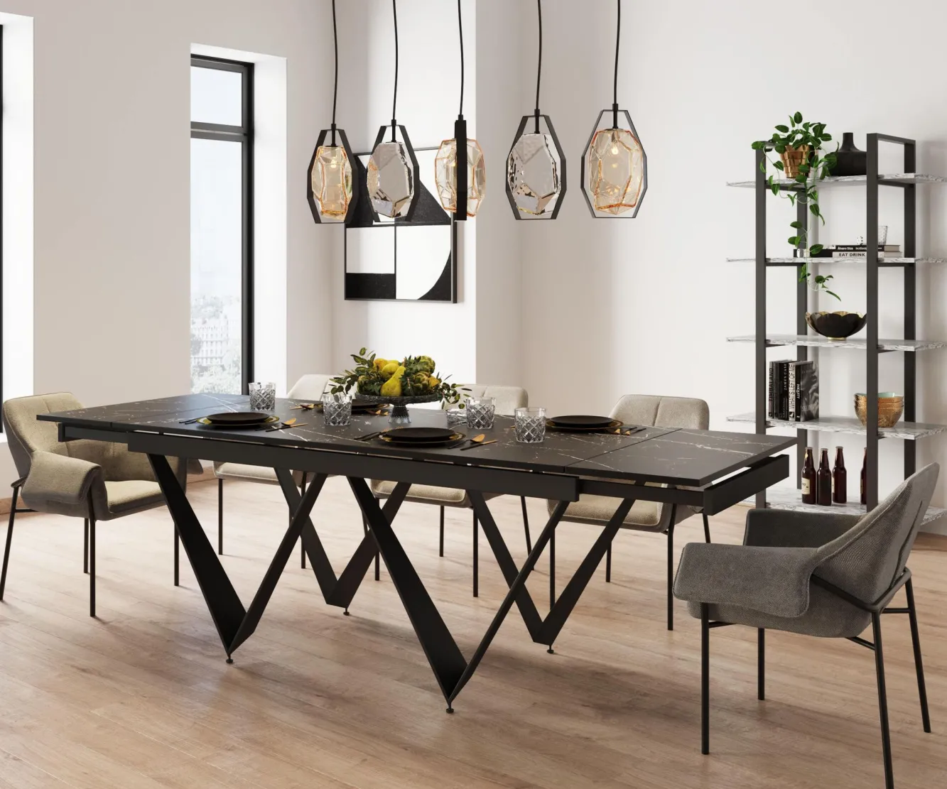 Discount KARE Design Stół rozkładany czarny blat ceramika nogi stalowe 180-260x90 cm - KARE