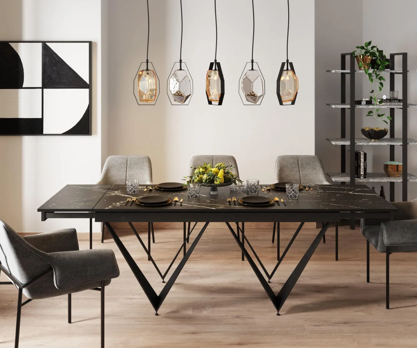 Discount KARE Design Stół rozkładany czarny blat ceramika nogi stalowe 180-260x90 cm - KARE