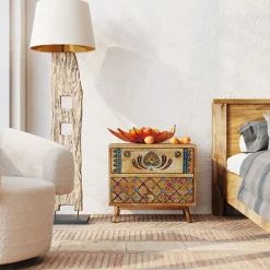 Outlet KARE Design Szafka nocna z 2 szufladami drewno mango kolorowe ornamenty 50x46 cm - KARE