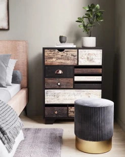 Clearance KARE Design Taboret okrągły tapicerowany szary podstawa złota Ø35x42 cm - KARE